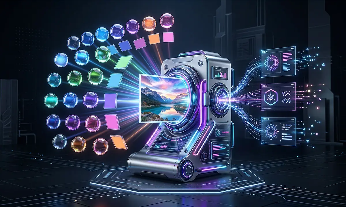 Visual representation of extracting HEX and RGB color codes from a photo and generating a palette using Vivoldi’s image color picker tool. | Image Color Extractor, Get Color from Image, Color Palette Generator